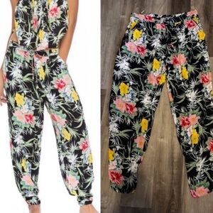 Indah Black and Yellow Track Pants with Vibrant Floral Design M/L